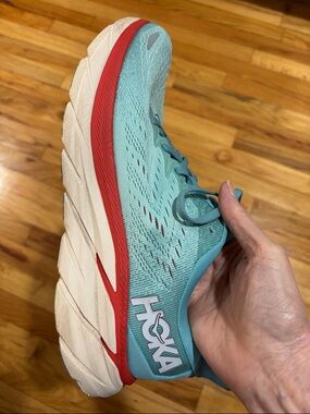 Hoka Clifton Blue Running Shoes with Coral accents